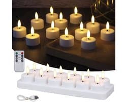 Oplaadbare LED-Theelichtjes - LED-Kaarsen Met Oplaadstation voor Thuis, Restaurants, Feestdagen en Bruiloftsdecoratie - 12 Kaarsen (Inclusief Afstandsbediening)