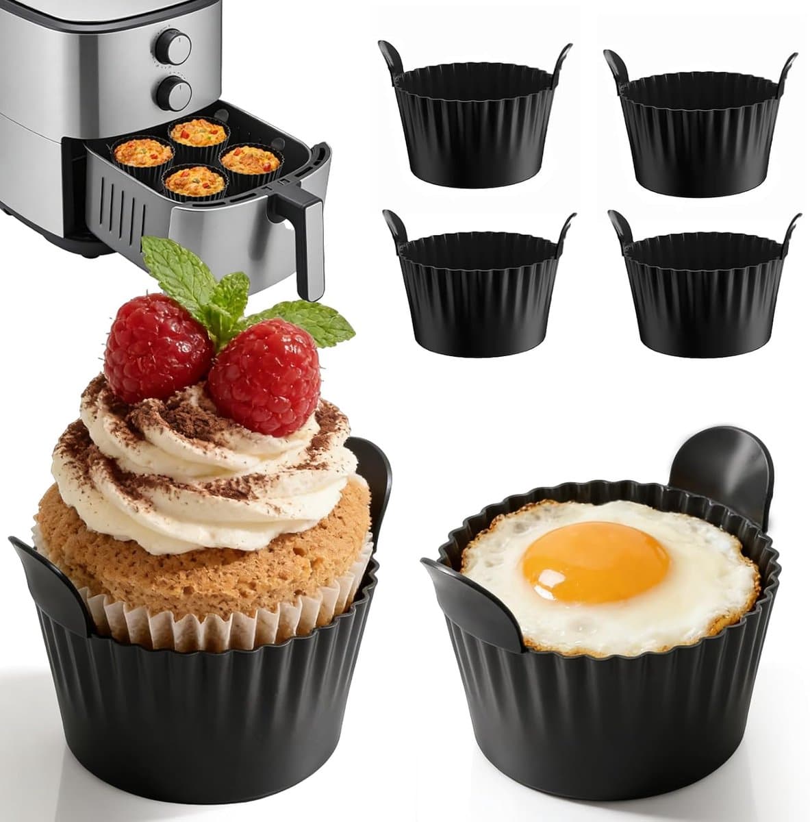 Siliconen muffinvormpjes voor airfryers, 6 stuks. Deze siliconen muffinvormpjes zijn perfect voor het maken van muffins, andere gebakjes, eieren, enz. BPA-vrij en herbruikbaar. — afbeelding 1