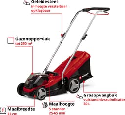 Einhell Accu Grasmaaier GE-CM 36/33 Li Kit - Power X-Change - 36 V/Li-ion - Maaibreedte 33 cm - Aanbevolen gazonoppervlakte: tot 250 m² - 30 L opvangbak - Maaihoogte: 25-65 mm - Incl. 2x 2.5Ah accu + 2x oplader — thumbnail 2