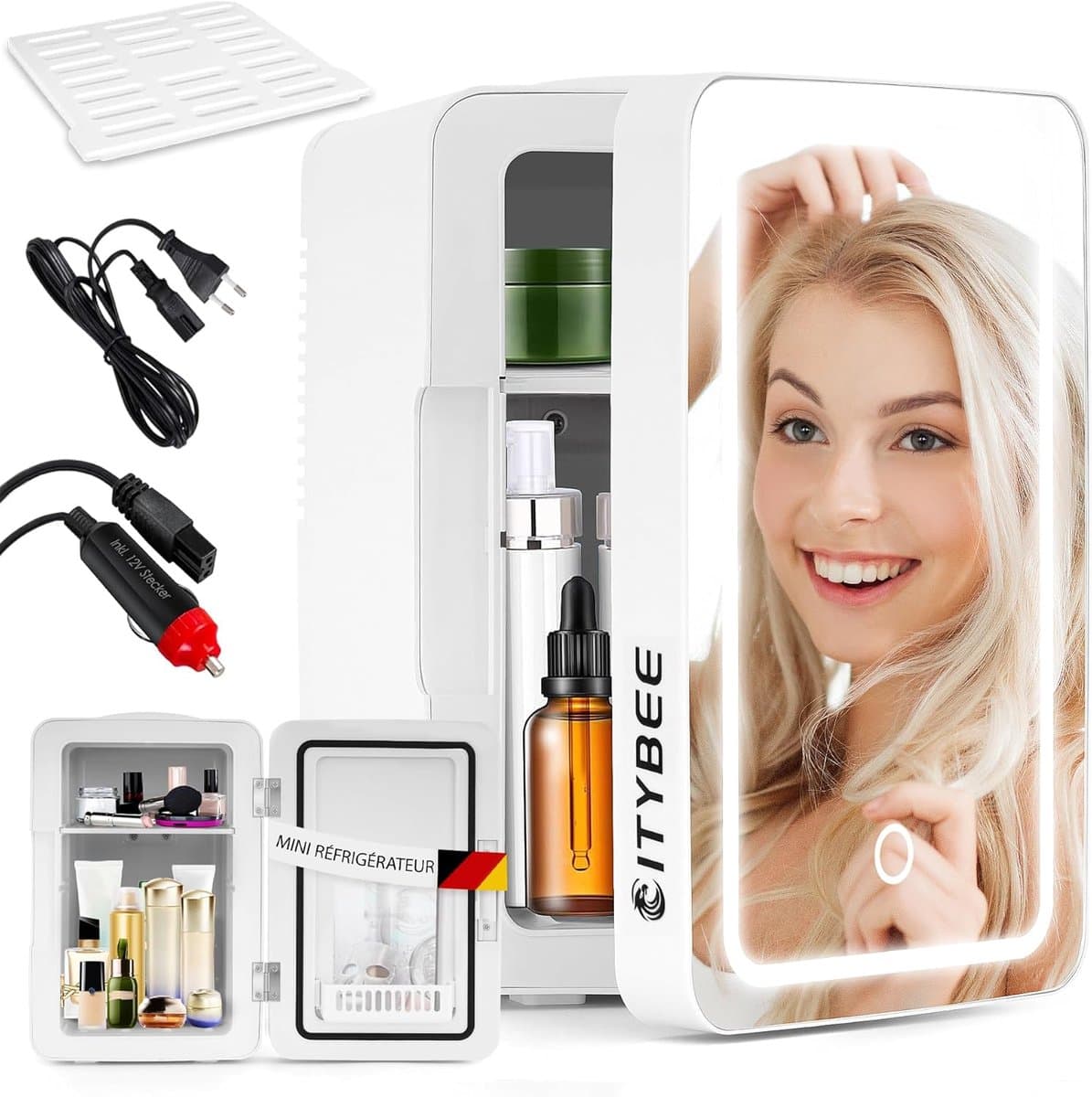 Glitzerlife - Multifunctioneel Skincare Mini-koelkast, 6 liter, klein, 12 V, 230 V, werkt stil, met spiegel en ledverlichting, Skincare koelkast voor cosmetica, cosmetica, koelkast, ideaal voor de auto -Wit — afbeelding 1