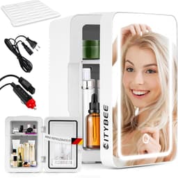 Glitzerlife - Multifunctioneel Skincare Mini-koelkast, 6 liter, klein, 12 V, 230 V, werkt stil, met spiegel en ledverlichting, Skincare koelkast voor cosmetica, cosmetica, koelkast, ideaal voor de auto -Wit — thumbnail 1