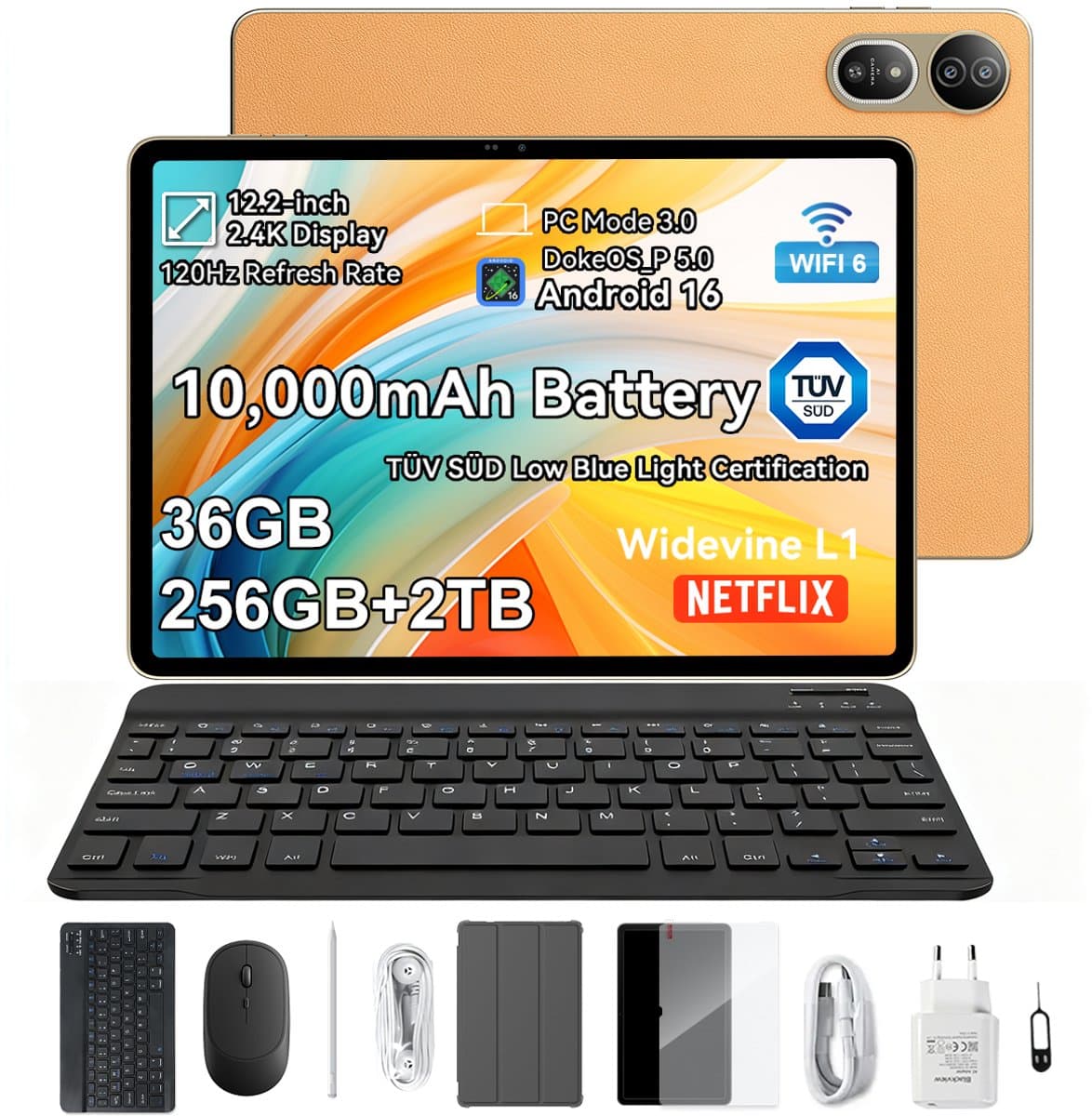 Blackview MEGA 12 - Tablet - Gaming Tablet - Android 16 - 12.2 inch - 36GB RAM - 256GB ROM - 5G Tablet - 10000mAh - Gouden — afbeelding 1