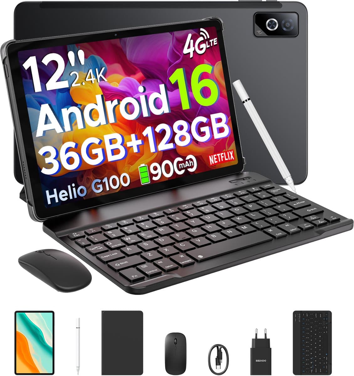 DOOGEE Tab G6 Pro VIP - Tablet - 36GB RAM + 128GB ROM (2TB/TF) - 9000mAh/18W - 12 inch 2.4K 90Hz - 4G LTE - Gemini AI - Helio G100 - 5G WiFi - Face ID - Dubbele luidsprekers - OTG - Met toetsenbord, muis, leren tas en pen — afbeelding 1