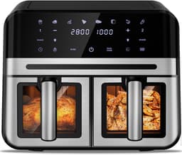Dubbele Airfryer XXL 10L (2×5L) – 8 Automatische Programma’s – Grote Capaciteit voor 6 Personen – 2500W Krachtig Vermogen – Dual-Zone 2 Manden met SYNC Technologie – Gezond Frituren Zonder Olie – Met Kijkvenster – Zilver — thumbnail 1