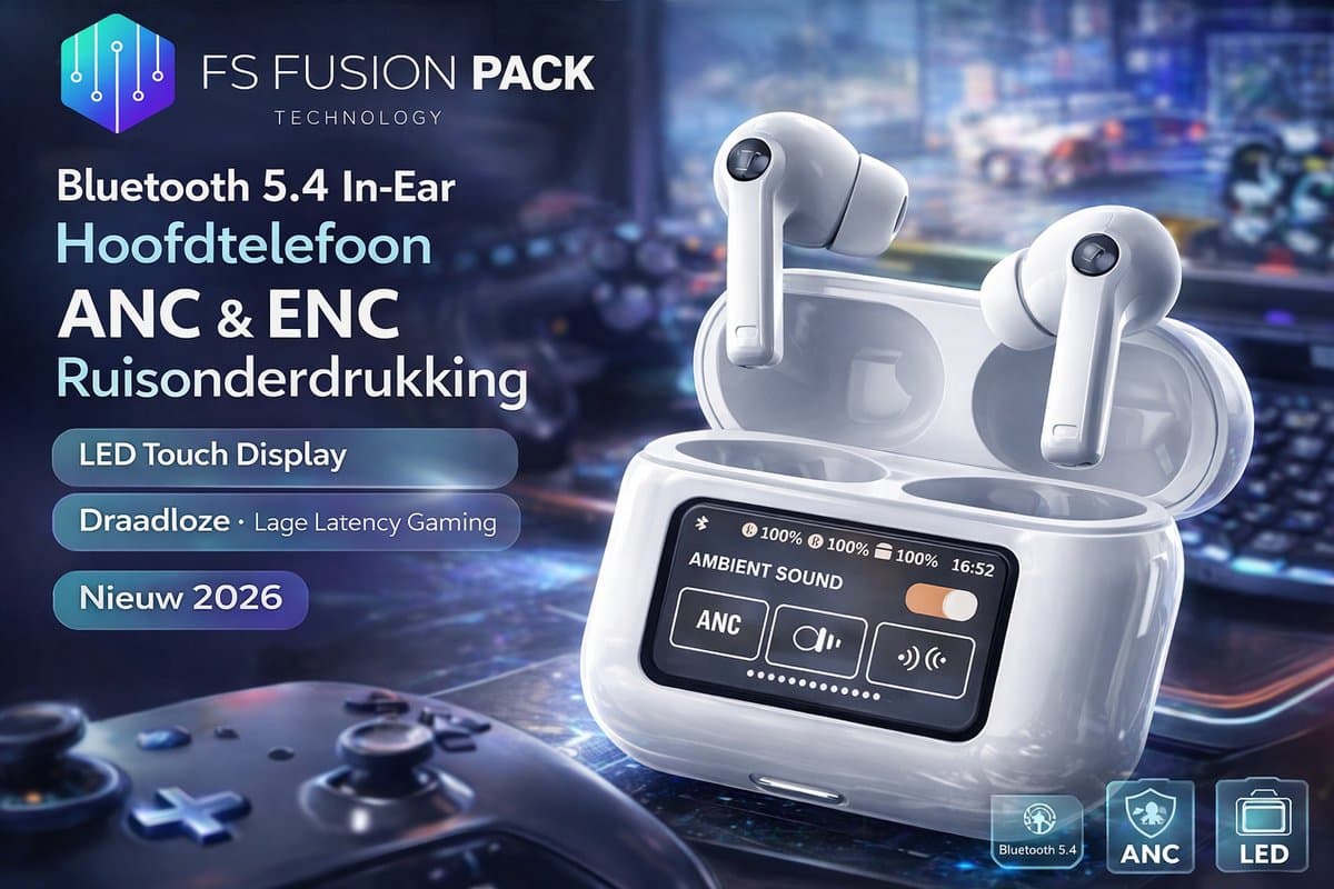 FS Fusion Pack EchoWave – Draadloze Bluetooth 5.4 Oordopjes met ANC & ENC – In-Ear Hoofdtelefoon – Noise Cancelling – LED Touch Display – Lage Latency Gaming – Oplaadcase – Nieuw 2026 ANC & ENC LED Touch Display– & ENC Ruisonderdrukking — afbeelding 1