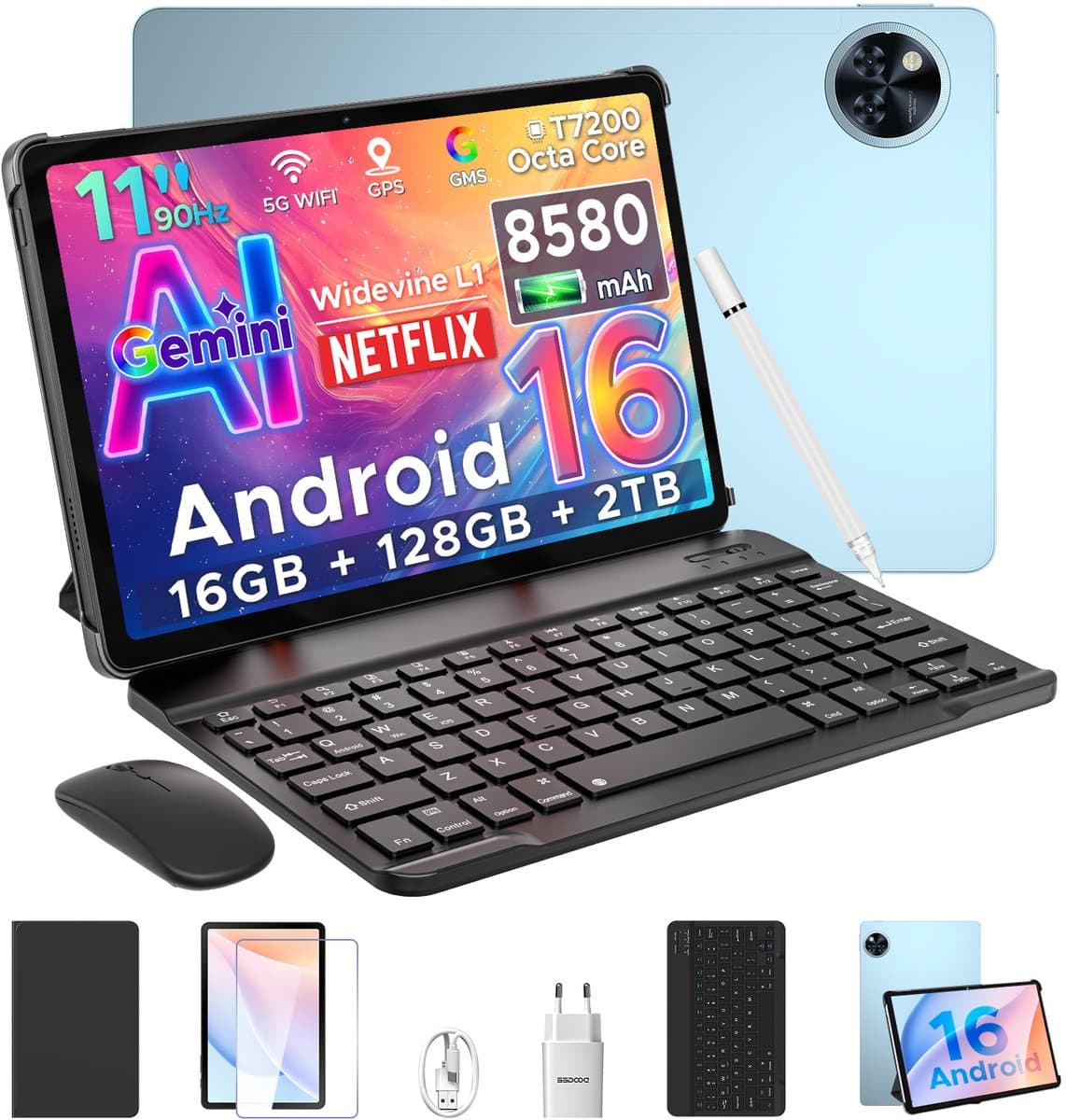 DOOGEE U11 VIP - Tablet - 16 GB RAM + 128 GB ROM - Tablette met toetsenbord- Android 15 - 11 inth 90Hz - 8580 mAh - Ultradunne 7,9 mm - inclusief muis - Stylus - Beschermhoes - Schermbeschermer - Blauw — afbeelding 1