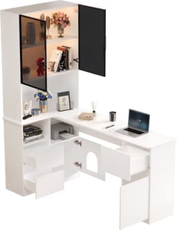 Hoekbureau - Bureau Met LED Vitrinekast En Opbergruimte - 120cm Werkplek Met Kabelmanagement - Incl. Huisdierenverblijf, 3 Lades En 2 Deuren - Wit — thumbnail 5