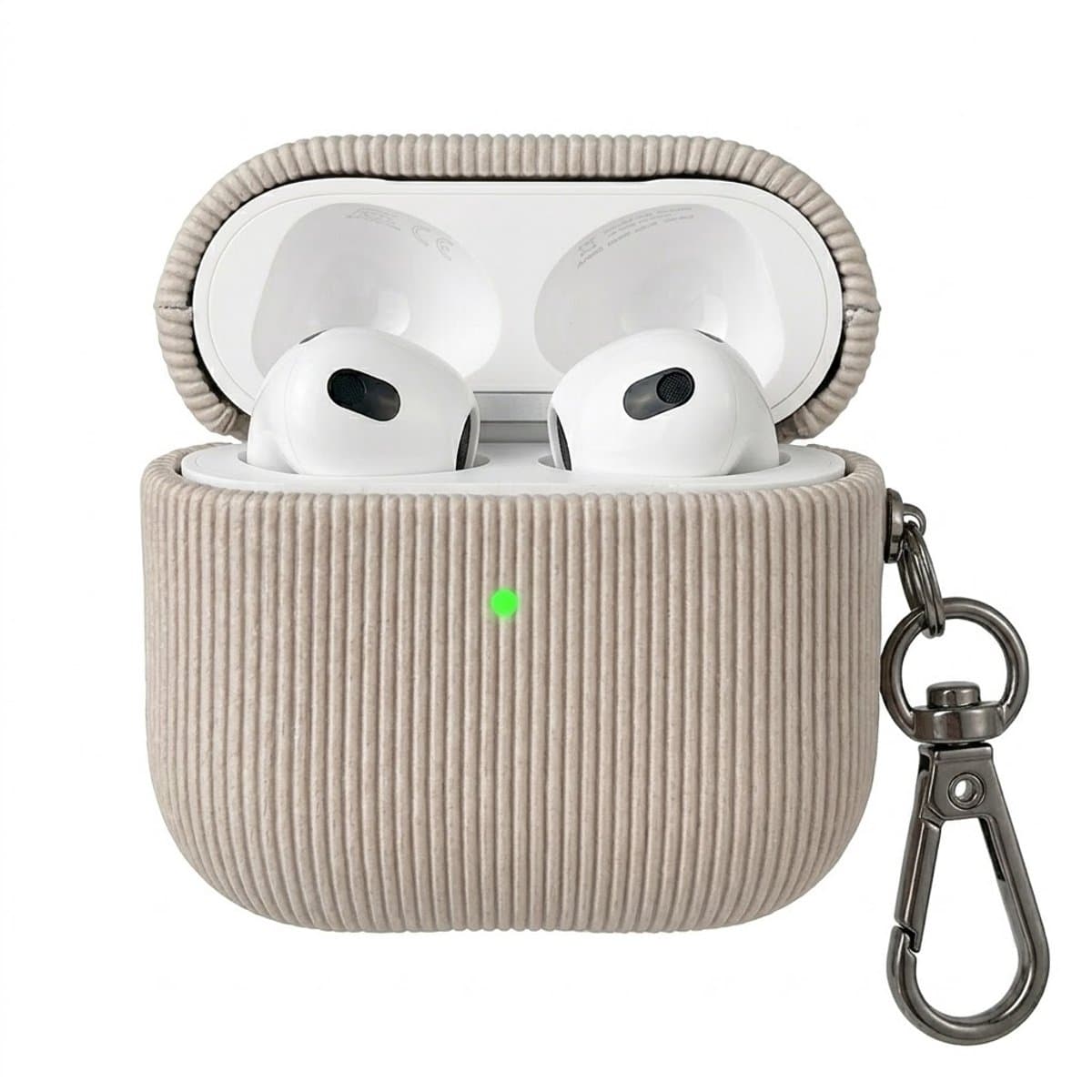 Luxe geribd hoesje voor oordopjes – Vertical Stripe design met sleutelhaak, geschikt voor AirPods 4 (Grijs) — afbeelding 1