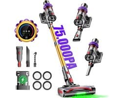 Hiaonyx steelstofzuiger - 8-in-1 steelstofzuiger draadloos - 75000pa - 8*2200mAh - LED Verlichting - Groene Stofdetectielamp - Geschikt voor Tapijten - Harde Vloeren en Dierenharen -2-liter stofopvangbox - paars/goud