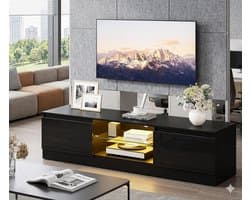 TV-meubel met LED-verlichting 160 × 37,8 × 40 cm – Modern TV lowboard voor 55-70 inch televisie met 16 kleuren LED, 2 deuren, verstelbare glazen plank en opbergruimte – Zwart – Depauw