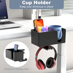 4-in-1 bureau-organizer - met twee kabeldoorvoeropeningen - draaibare hoofdtelefoonhouder - voor het opbergen van bekers, telefoons en pennen - zwart — thumbnail 4