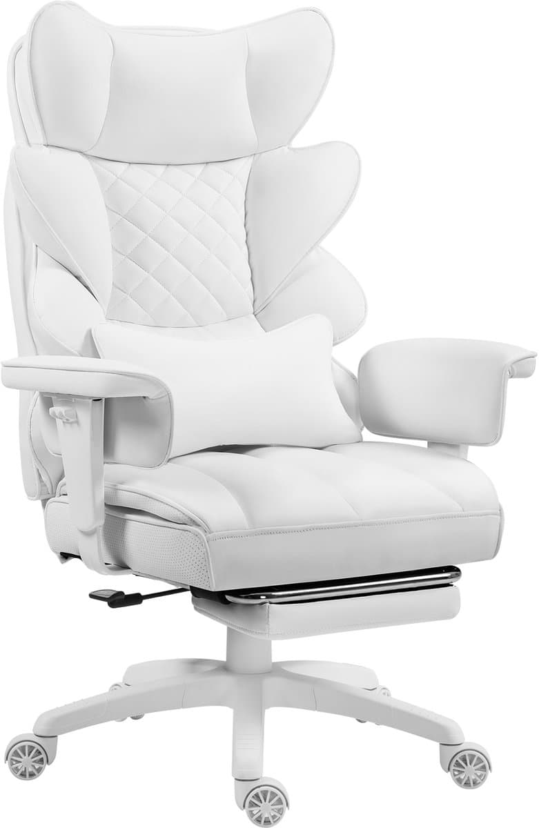 Dowinx Gamingstoel - Ergonomische Bureaustoel - Pocketvering Zitkussen - Dubbele Zachte Rugleuning - Verstelbaar Lendenkussen - Armleuningen - Voetsteun - PU - Wit — afbeelding 1
