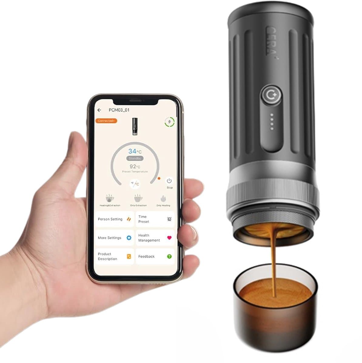 Ceramax draagbare espressomachine - 3e gen 13500 mAh batterij - bleutooth app - bodemloze 58mm portafilter - tot 8 kopjes zonder opladen - 150s tot 96°C - pre-infusie - draagbare koffiemachine - reis & camping koffiezetapparaat 12 volt - CERA+ — afbeelding 1