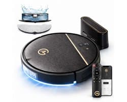 AG Robotstofzuiger met Dweilfunctie – 4500 Pa Zuigkracht – 120 minuten – Oplaadstation – App & Afstandsbediening – Ideaal voor Huisdierhaar, Harde Vloeren en Tapijt – Luxe 2-in-1 Dweilrobot – Gold Stripe Design – 2500 mAh - Black Gold Edition