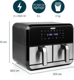 Princess Double Basket Airfryer 182074 - Dubbele Airfryer - 9 liter - 2 manden - XL - 8 programma's- 2400W - Dubbele heteluchtfriteuse - PFAS vrij - Touchscreen - RVS/Zwart - Sync functie — thumbnail 4