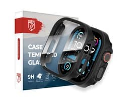 Rosso Tempered Glass met Hoesje Geschikt voor Apple Watch Ultra 3/2/1 - Screen Protector met Ingebouwde Bumper Case - Full Protect - Zwart