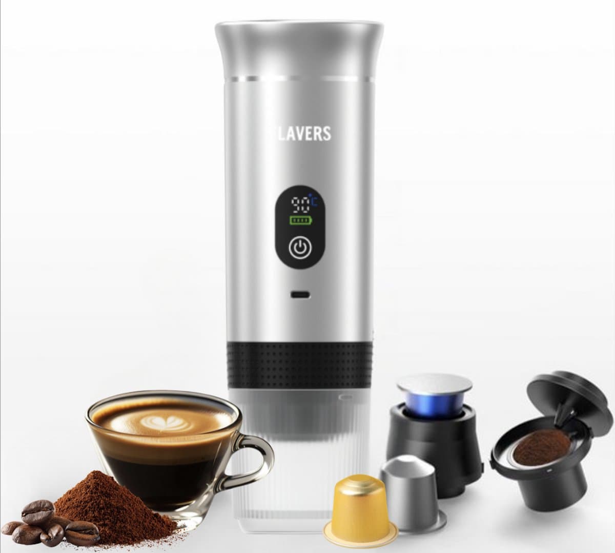 Flavers ® | Draagbare Elektrische Espressomachine | 2026 model | Zilver | Koffiezet apparaat voor Onderweg | Capsules & Gemalen Koffie | Portable Espresso Machine | Cadeauset | koffiemaatje | Draagbare Koffiemachine | Reis & Camping Koffiezetapparaat — afbeelding 1