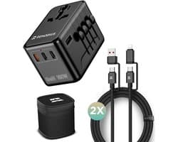 Remodius® Wereldstekker PRO + 2x UniCharge Oplaadkabel – 220+ landen – 100W USB-C Ultra Fast Charging Reisstekker – 3x USB-C, 1x USB-A – Universele Oplaadkabel voor Laptop, Telefoon, Tablet en meer