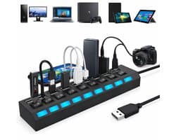 HI Speed Zakelijke USB Splitter – USB Hub 7 Poorten – Met Individuele Aan/Uit Switch – High Speed 480Mbps – Voor Laptop & Desktop – Zwart