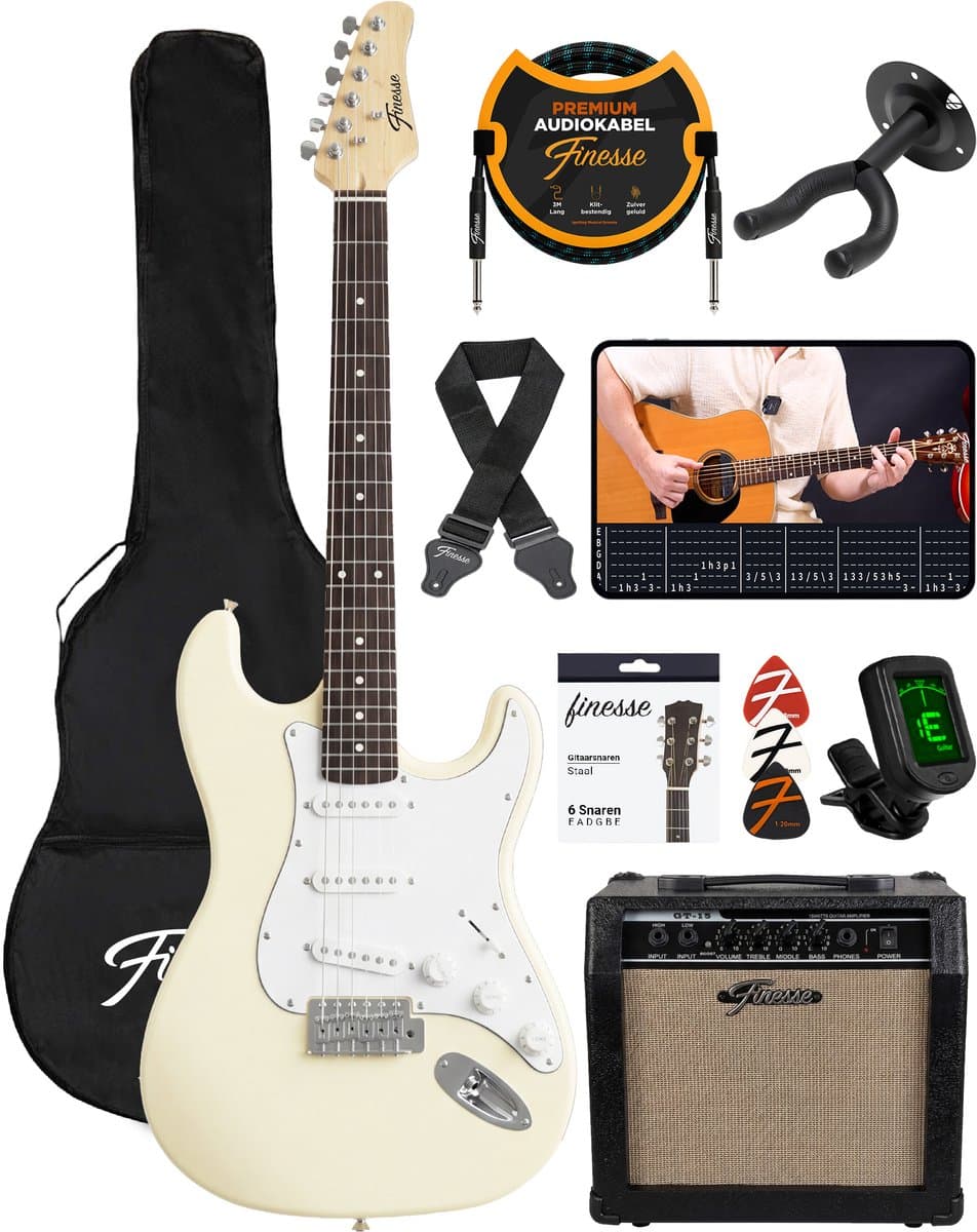 Finesse Elektrische Gitaar met Versterker - met Videocursus - Gitaar - Volwassenen - Kind - Crème — afbeelding 1