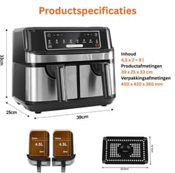 ApexArte® Dubbele Airfryer XXXL - Duo Heteluchtfriteuse - Geschikt voor Accessoires - Zwart — thumbnail 3