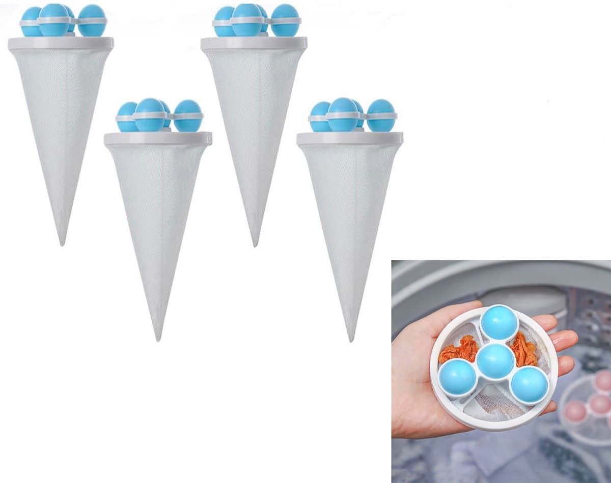 4-Stuks Wasmachinehaarverwijderaar - Wasmachinefilterzak - Drijvend pluizenfilter - Haarverzamelaar - Waspluizenzak - Herbruikbaar - Geschikt voor het reinigen van kleding， knuffels en autostoelkussens - Blauw — afbeelding 1