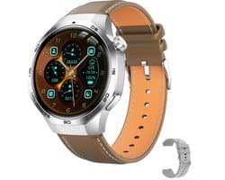 Knobbout 1.53" Stijlvolle Sport Smartwatch – NFC- Kompas, Hoogtemeter, Barometer-Bluetooth Bellen - Draadloos Opladen - hartslag, bloeddruk, zuurstofgehalte (SpO₂) - AI Assistent - medicatie innemen alert - Bruin Leren + Siliconen Band