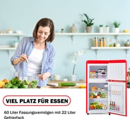Retro koelkast. Vriescombinatie. 88,8 cm hoog, 45,5 cm breed, tweedeurs, met een totaal volume van 60 liter, een vriescapaciteit van 22 liter. 102 kWh/jaar, -27 °C ∽ 13 °C, ledverlichting. Premium rood, energieklasse E. — thumbnail 12