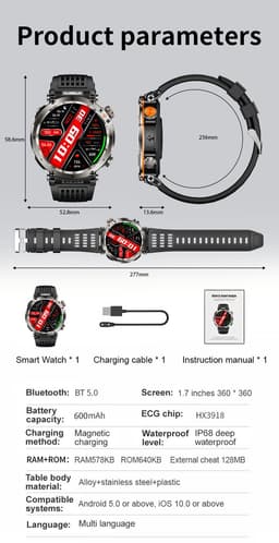 Knobbout 1.7" Outdoor Smartwatch – Digitale Kompas - LED & UV Licht -600mAh batterij - Bluetooth Bellen- IP68 Waterdicht -AI Spraakassistent - Gezondheid & Sportfuncties -Blauw Siliconen Band — thumbnail 2
