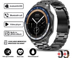 Knobbout 1.43 inch AMOLED-scherm met 3D-ontwerp Smartwatch - Slimme opnamefunctie- 4 GB interne opslag - MP4-video-ondersteuning - Nieuwste ATS3085S Gen 2-chipset - Ingebouwde kompasfunctie - Zwart staal+ zwart lederen + blauwe siliconen horlogeban