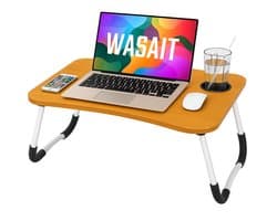 Lexorion Laptoptafel – Bedtafel – Kantelbare Laptoptafel – Opvouwbare Laptop Tafel met Bekerhouder – 60x40x26cm – Laptoptafel Bijzettafel – Bruin