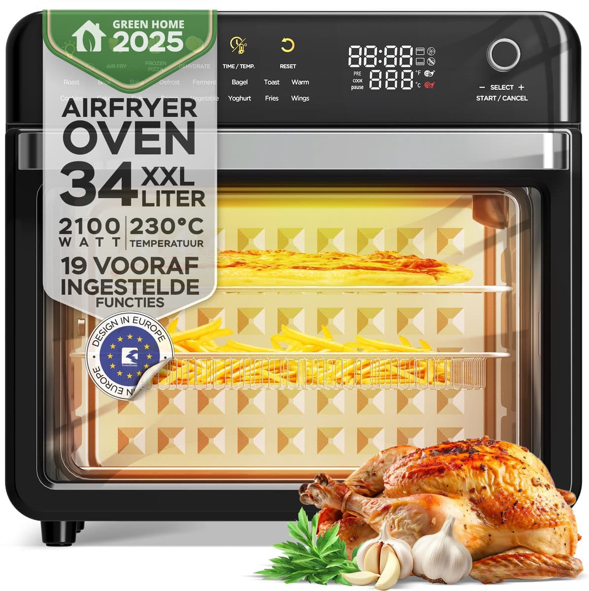TurboTronic AFO330 AirChef Pro – Airfryer Oven – 34L – 19 Programma’s – 40°C tot 230°C – Heteluchtoven – 2100W – RVS – Multi Smart Oven - Zwart — afbeelding 1