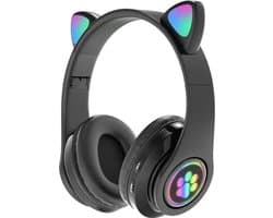 Draadloze Bluetooth-hoofdtelefoon met oplichtende kattenoren, stereomuziek, microfoon, verstelbare hoofdband, geschikt voor desktop, laptop, tablet en smartphone. Kleur: zwart.
