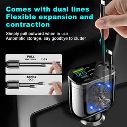 Intrekbare autolader - 4-in-1 supersnelle telefoonlader voor in de auto, accessoires voor het opladen van mobiele telefoons met twee type C-kabels en 2 USB-poorten, universeel voor SUV, sedan en vrachtwagen — thumbnail 3