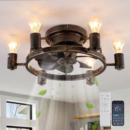 Plafondventilator met Verlichting en Afstandsbediening - 52cm Laag Profiel, Rustiek Industriële Ventilator voor Slaapkamer en Keuken — thumbnail 4