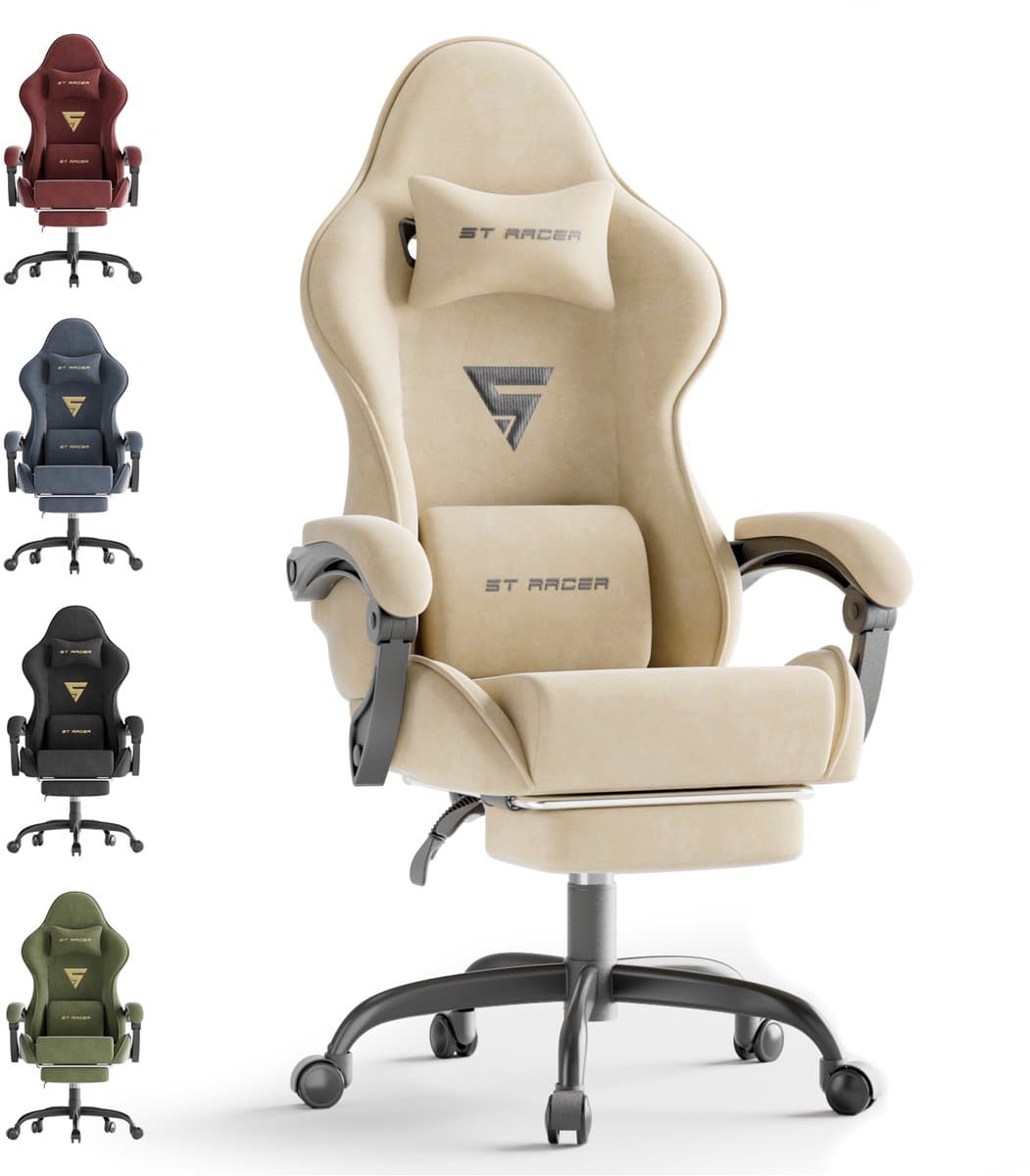 Soontrans Ergonomische Gamingstoel Met Hoofdsteun en Voetsteun Gaming Stoel Van Stof, Gamerstoel Hoogwaardige PC - Stoel Verstelbare Gaming Chair Comfortabele Gamestoel Van Stof, Ideaal Voor Gamen op Kantoor, Rijst — afbeelding 1