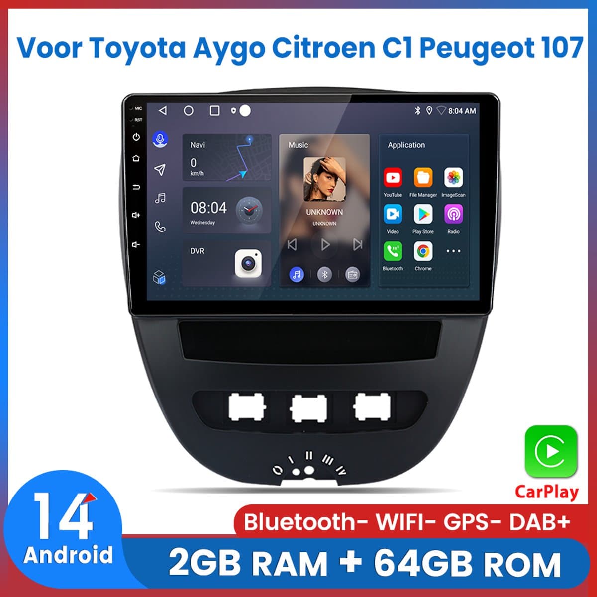 Awesafe Carplay Autoradio Geschikt Voor Toyota Aygo Citroen C1 PEUGEOT 107 2005-2014 - Android14 - 2GB RAM + 64GB ROM - Draadloos CarPlay & Android Auto - Bluetooth & WiFi - GPS Navigatie — afbeelding 1