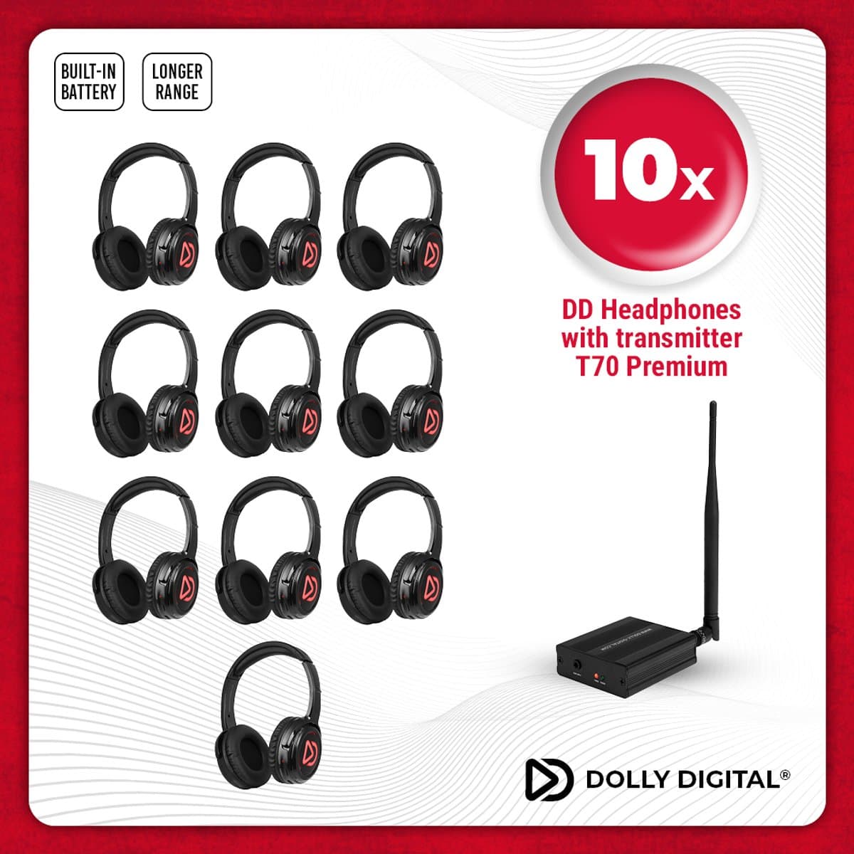 Dolly Digital© Professionele Silent Disco set | 10 Type DD oplaadbare headsets en 1 Type T70 oplaadbare zender met extra bereik. — afbeelding 1