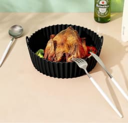Herbruikbare siliconen airfryer-binnenbak van 19 cm; hittebestendig en eenvoudig te reinigen siliconen airfryermandje; ronde siliconen airfryerpan voor 3 tot 5 liter; airfryer-ovenaccessoire (zwart). — thumbnail 3