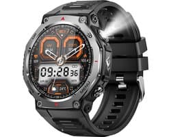 Knobbout 1.43” AMOLED Smartwatch – 466×466 HD Scherm – 5ATM Waterdicht (tot 50m) – LED Zaklamp + UV-Licht + SOS Noodflits – Bluetooth Bellen – 525mAh Lange Batterijduur – Outdoor & Sporthorloge voor Android/iOS-Zwart