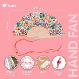 Kleurrijke handventilator met vijgenprint - Houten waaier in oranje tint (42,5 x 23 cm) — thumbnail 1