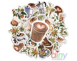 Ainy Koffie Stickers 46 stuks voor bullet journal, fotoalbum, wenskaarten, laptop, telefoon - ook geschikt als geschenksticker, skateboard stickers, graffiti stickers, knutselen stickervellen voor kinderen en volwassenen