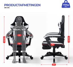 Stane Verstelbare Ergonomische Gamestoel met Voetsteun - Bureaustoel Gaming chair - Game Stoel Zwart/Wit — thumbnail 3