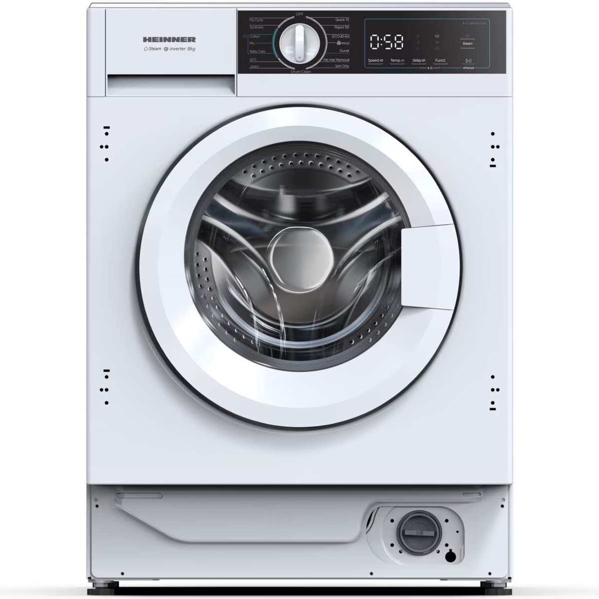 Heinner HWM-BI814IVA+++ Inbouw Wasmachine 8 kg – Stoomfunctie – Digitaal Display – 1400 tpm – Energieklasse A – Inverter – Trommelreinigingsprogramma – Wit – 5 Jaar Garantie — afbeelding 1
