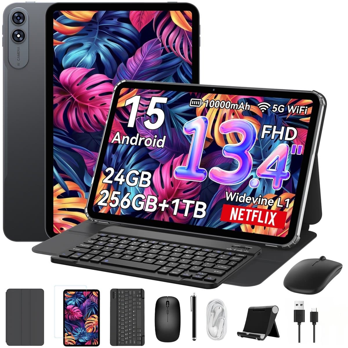 VekfulPC T60 Pro Tablet - 24GB RAM - 256GB ROM - 10000 mAh - 13.4 Inch FHD Tablet - Android 15 - SD 2TB - 5G WIFI - Grijs — afbeelding 1