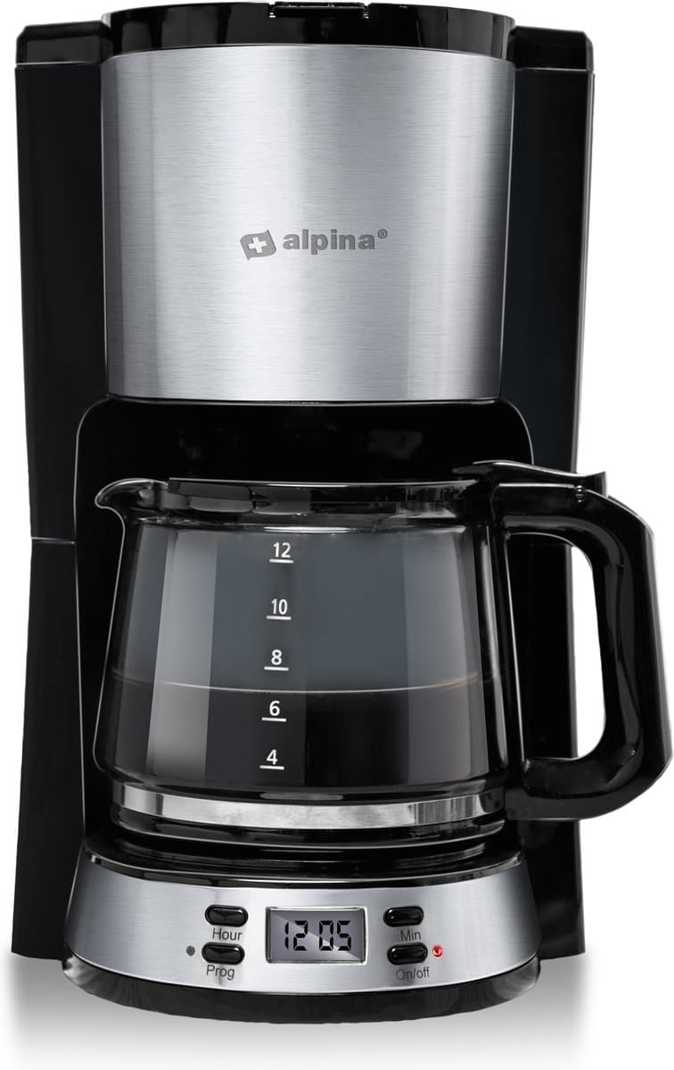 alpina Koffiezetapparaat Filterkoffie - 1.5L - 12 Kopjes - Glazen Kan - Digitaal Display - Zwart — afbeelding 1
