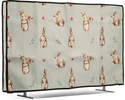 kwmobile stoffen beschermhoes televisie - TV-hoes geschikt voor 32" TV - Afdekhoes van linnen - In wit / bruin / grijsgroen Konijntjes en Bloemen design