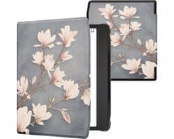 kwmobile e-reader hoesje geschikt voor Pocketbook Era / Era Color hoes - E reader flip case met magnetische sluiting - Ereader cover - Magnolia design in taupe / wit / blauwgrijs