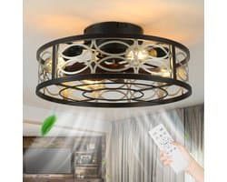 Industriële Plafondventilatorlamp - Stille Motor - Afstandsbediening - Vintage Kooi Design - 6 Snelheden - Timerfunctie - Woonkamer en Keuken - Zomer en Winterstand - Zwart - E27 Fitting — afbeelding 1