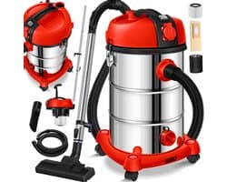 MASKO® industriële stofzuiger nat-droog roestvrij staal 2300W + stopcontact | blaasfunctie | droog en nat zuigen | Push&Clean | industriële stofzuiger met en zonder zak | zakloos - Rood